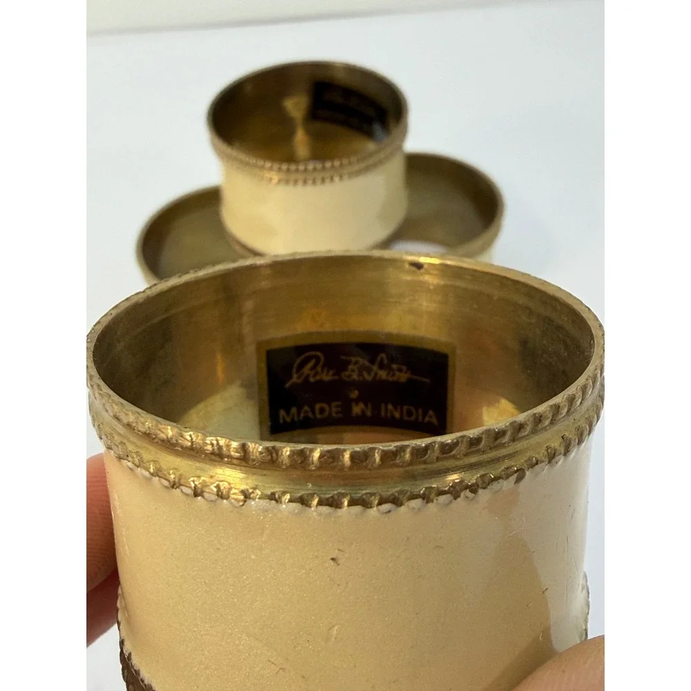 Vintage Peter B Smith Brass Enamel Napkin Rings Set of 4 Cream Gold Beaded India